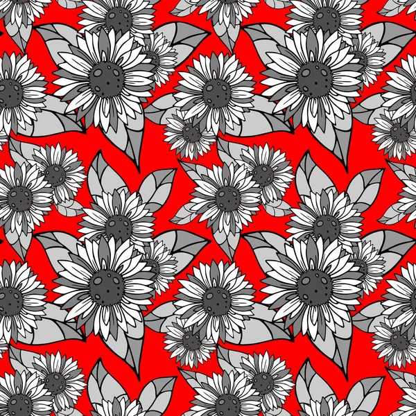 Bright Seamless Pattern Large Black White Inflorescences Red Background Texture — Image vectorielle