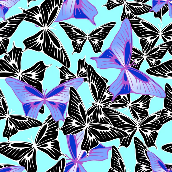 Zökkenőmentes Minta Lila Fekete Pillangók Világoszöld Háttér Textúra Design — Stock Vector