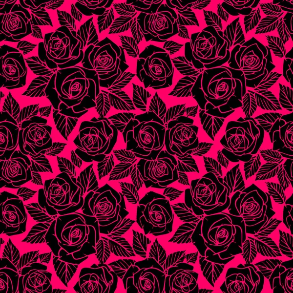 粉红背景 图案的无缝黑色不对称玫瑰花纹 — 图库矢量图片