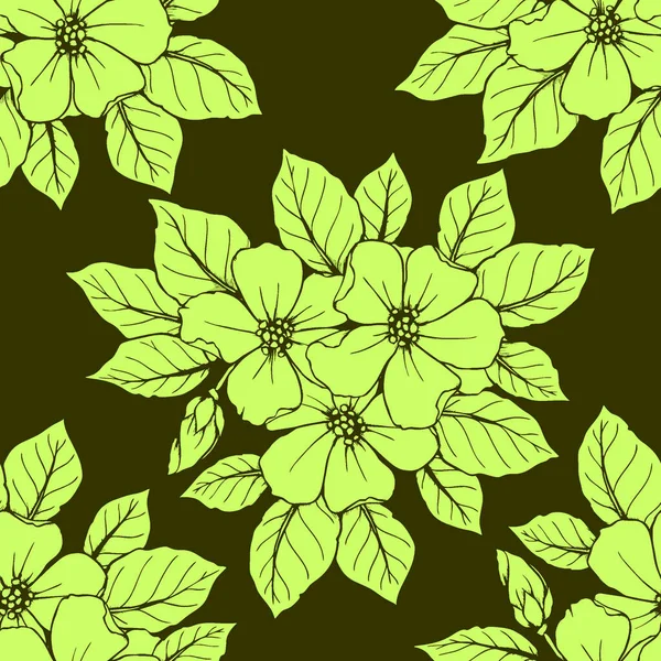 Nahtloses Konturmuster Großer Grüner Blüten Auf Olivem Hintergrund Textur Design — Stockvektor