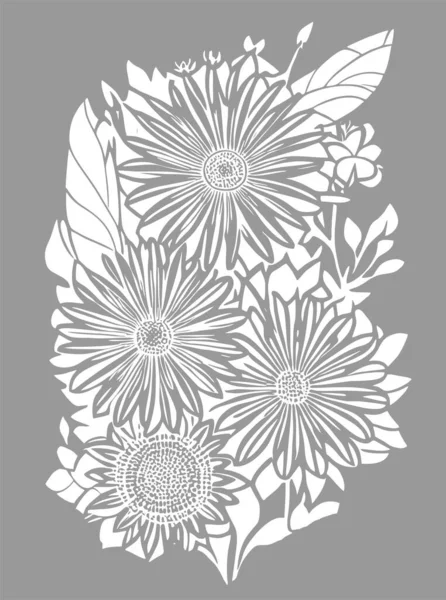 White Graphic Contour Drawing Bouquet Flowers Gray Background Design — Stock Vector
