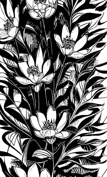 Weiße Grafische Konturzeichnung Eines Blumenstraußes Auf Schwarzem Hintergrund Design — Stockvektor