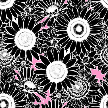 Pembe arka plan, doku ve dizayn üzerinde pürüzsüz siyah ve beyaz çiçek deseni