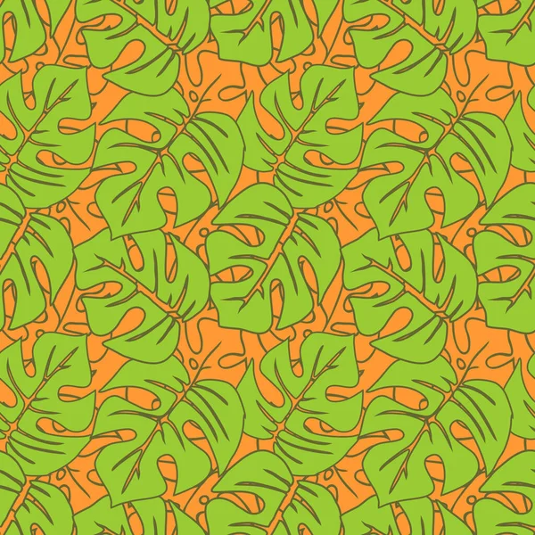 Seamless Asymmetric Pattern Green Tropical Leaves Red Background Texture Design — Stockvektor