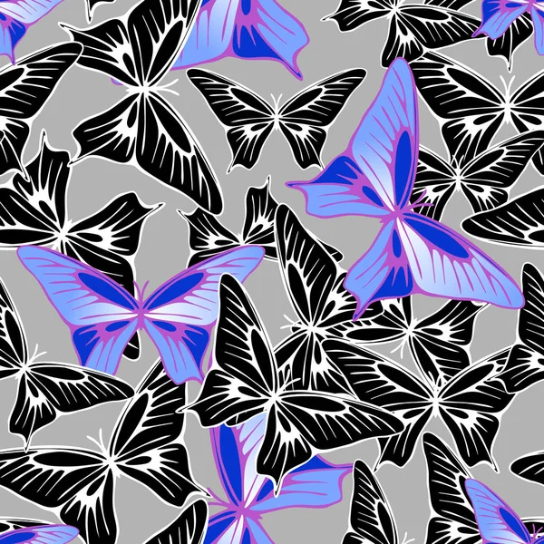 Nahtloses Muster Blau Schwarzer Schmetterlinge Auf Grauem Hintergrund Textur Design — Stockvektor