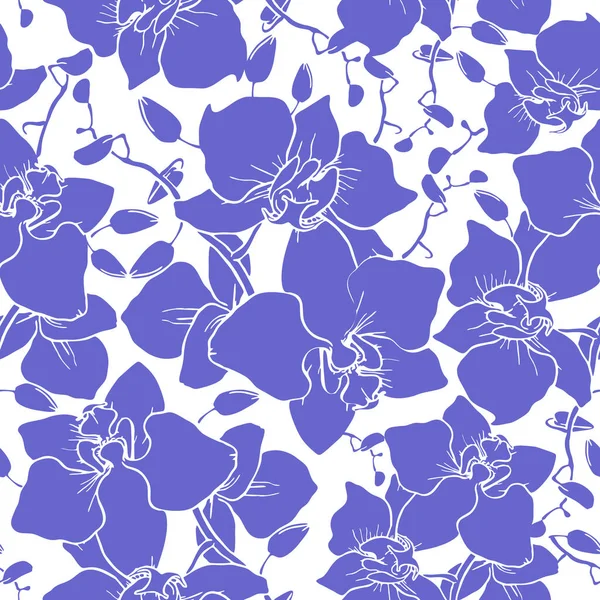 Nahtloses Muster Großer Blauer Silhouetten Von Orchideen Auf Weißem Hintergrund — Stockvektor