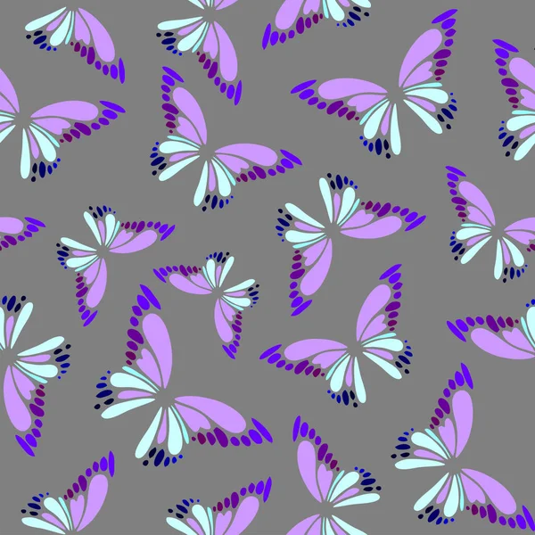 Nahtloses Muster Von Blau Violetten Dekorativen Schmetterlingen Auf Grauem Hintergrund — Stockvektor