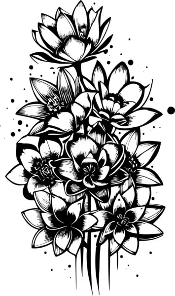 Czarny Graficzny Rysunek Konturu Bukietu Kwiatów Białym Tle Projekt — Wektor stockowy