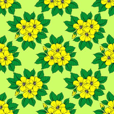 Yeşil zemin, doku ve tasarım üzerinde büyük sarı çiçeklerin kusursuz deseni.