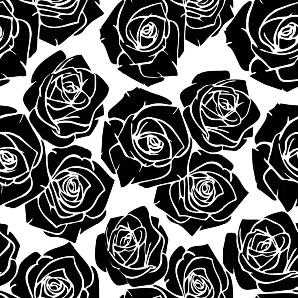 白色背景 图案的黑色玫瑰剪影无缝图案 — 图库矢量图片