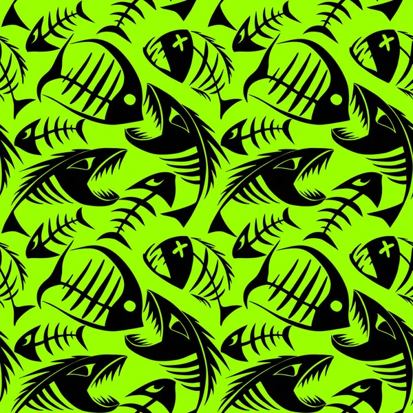 Helder Naadloos Patroon Van Zwarte Grafische Visskeletten Een Groene Achtergrond — Stockvector