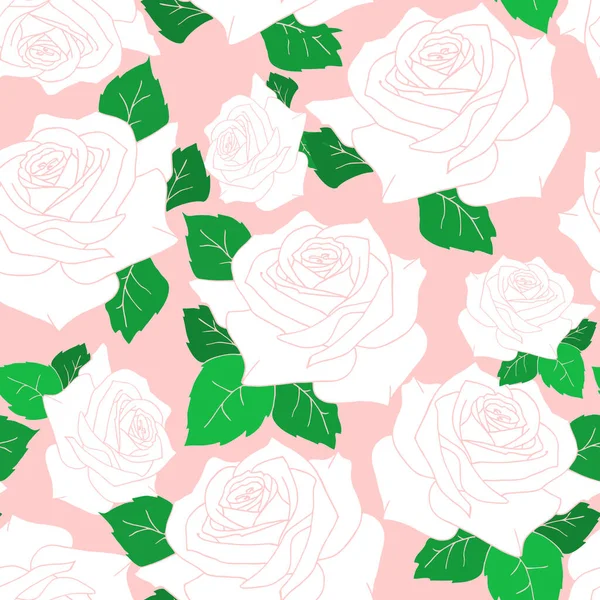 无缝隙的大型白色玫瑰花纹 叶背粉红色 — 图库矢量图片