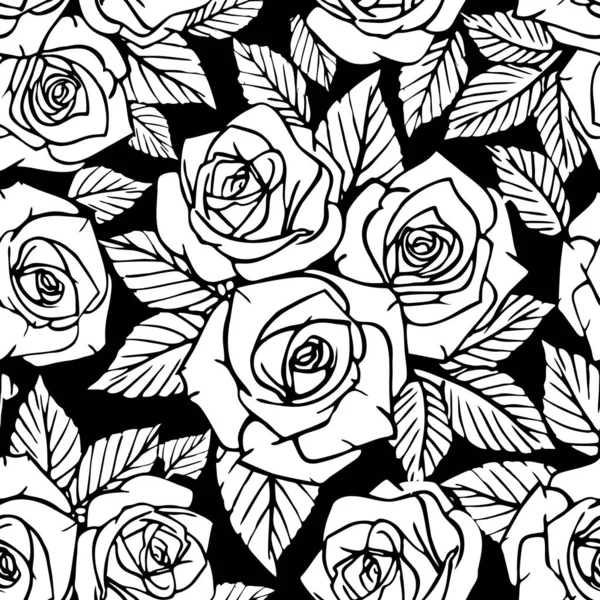 Nahtlose Weiße Asymmetrische Muster Von Rosenkonturen Auf Schwarzem Hintergrund Textur — Stockvektor