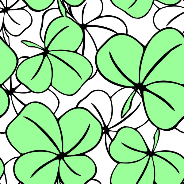 Бесшовный Асимметричный Узор Листьев Клевера Зеленого Белого Цветов Черных Контуров — стоковый вектор