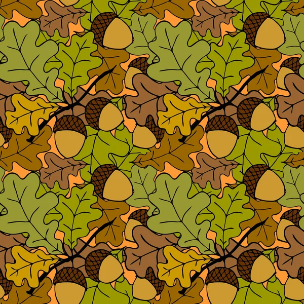 Bright Autumn Seamless Pattern Oak Leaves Acorns Orange Background Texture — Vetor de Stock