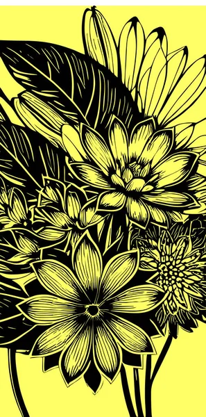 黄色の背景に花の花束の黒いグラフィックコンターの描画 デザイン — ストックベクタ