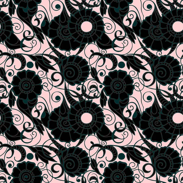 Seamless Oriental Pattern Black Flowers Gray Outline Pink Background Texture — Vetor de Stock