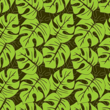 Koyu yeşil arka plan, doku, tasarım üzerinde yeşil tropikal yaprakların kusursuz asimetrik deseni.