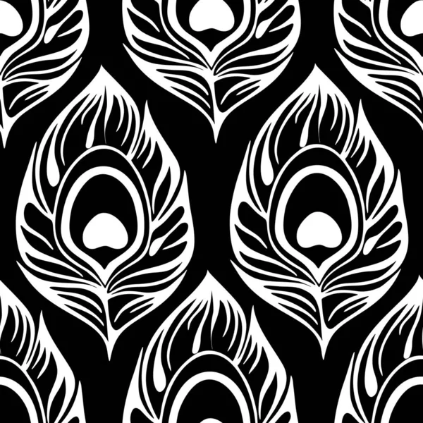 Seamless Contour Pattern White Peacock Feathers Black Background Texture Design — Stockvektor