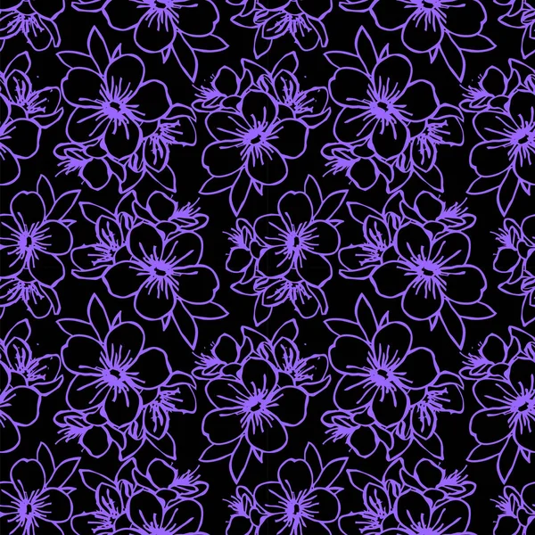 Nahtloses Muster Blauer Blumenkonturen Auf Schwarzem Hintergrund Textur Design — Stockvektor