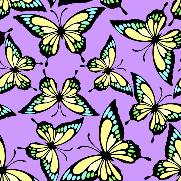Mor Arka Plan Doku Tasarım Üzerinde Parlak Renkli Kelebeklerin Kusursuz — Stok Vektör