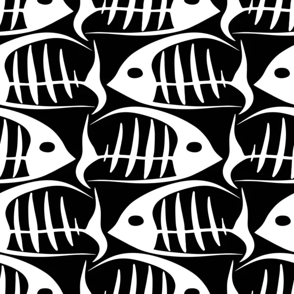Графический Черно Белый Бесшовный Рисунок Скелетов Рыбы Текстуры Монохромного Фона — стоковый вектор