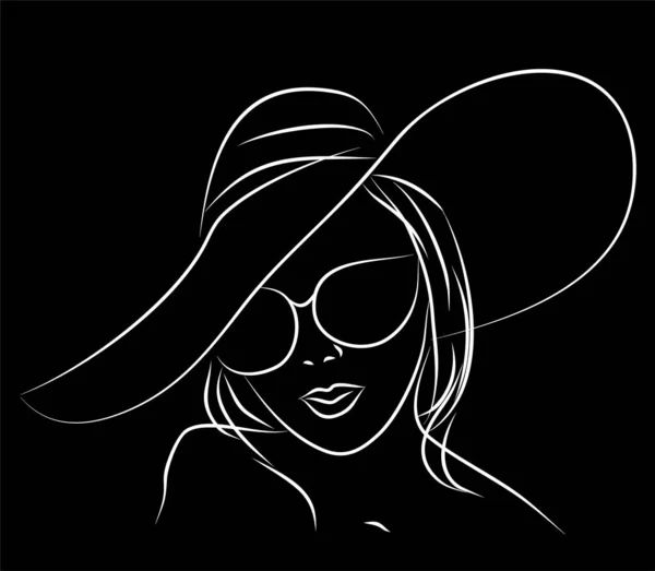 Contour White Female Portrait Black Background Logo Monochrome Design — Stock vektor