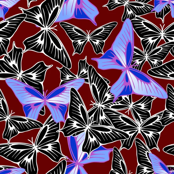 Nahtloses Muster Von Blau Schwarzen Schmetterlingen Auf Bordeauxrotem Hintergrund Textur — Stockvektor