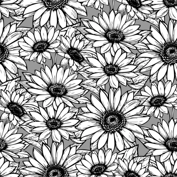 Naadloos Patroon Van Grote Zwart Witte Bloemen Een Grijze Achtergrond — Stockvector