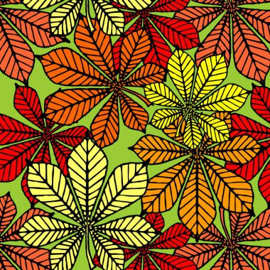 bright autumn seamless pattern of chestnut yellow and red leaves on a green background, texture, design