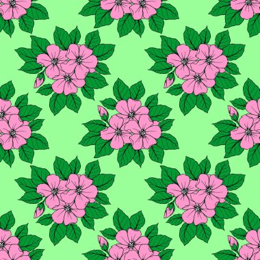 Yeşil zemin, doku ve tasarım üzerinde büyük pembe çiçeklerin kusursuz deseni.