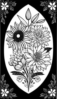 beyaz arkaplanda bir buket çiçeğin siyah grafik çizimi, tasarım
