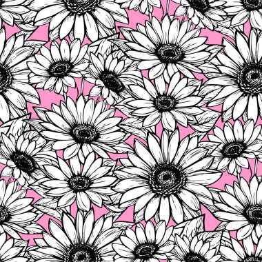 Pembe arka plan, doku ve tasarım üzerinde büyük siyah ve beyaz çiçeklerin kusursuz deseni