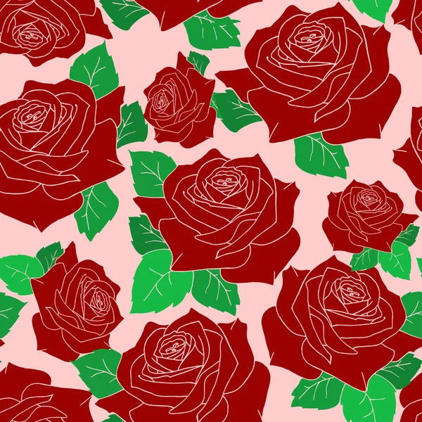 红玫瑰大花朵无缝图案 叶背粉红色 — 图库矢量图片