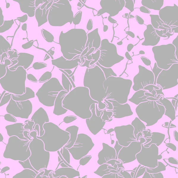 Modello Senza Cuciture Grandi Silhouette Grigie Orchidee Uno Sfondo Rosa — Vettoriale Stock