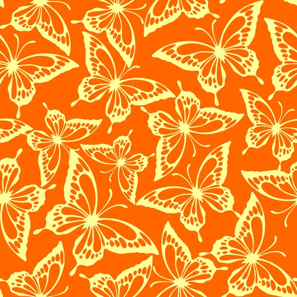 Бесшовный Узор Желтых Контуров Бабочек Оранжевом Фоне Текстура Дизайн — стоковый вектор