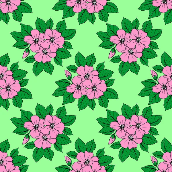 绿色背景 图案的大型粉红色花无缝花纹 — 图库矢量图片