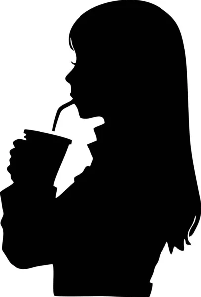 Black Contour Drawing Girl Drinking Coffee Monochrome Graphics Logo — Stock Vector