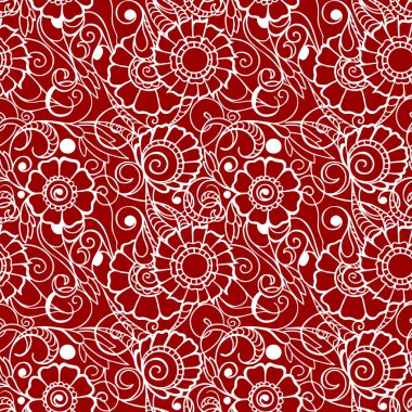 Kırmızı arkaplan, doku, tasarım üzerinde büyük beyaz grafik çiçeklerin kusursuz kontur deseni