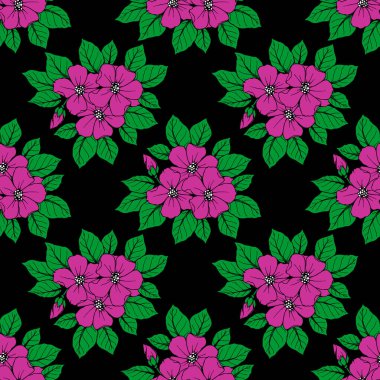 Siyah arkaplan, doku ve tasarım üzerinde büyük mor çiçeklerin kusursuz deseni