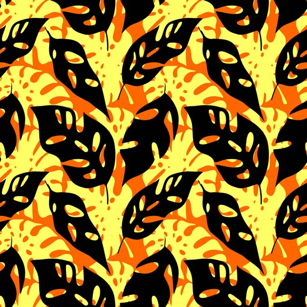 Bezszwowy Czarno Żółty Wzór Konturów Liści Tropikalnych Pomarańczowym Tle Tekstura — Wektor stockowy