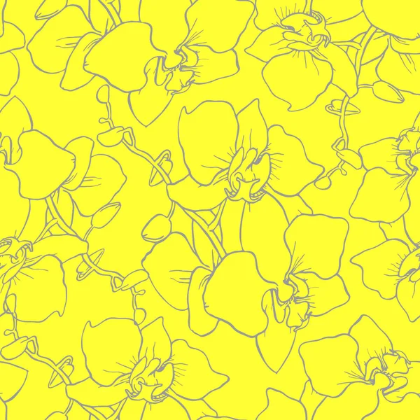 Nahtloses Muster Aus Großen Grauen Silhouetten Von Orchideen Auf Gelbem — Stockvektor