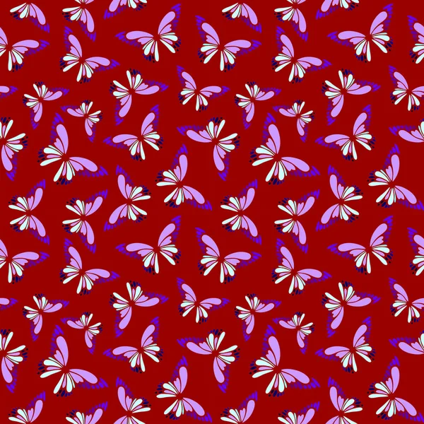 Nahtloses Muster Von Blau Violetten Dekorativen Schmetterlingen Auf Rotem Hintergrund — Stockvektor