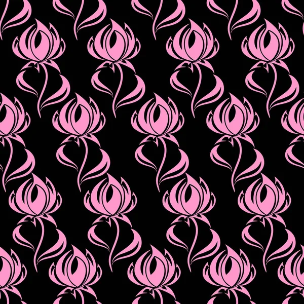 Nahtloses Konturmuster Großer Rosa Blüten Auf Schwarzem Hintergrund Textur Design — Stockvektor