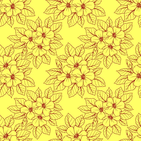Nahtloses Konturmuster Großer Roter Blüten Auf Gelbem Hintergrund Textur Design — Stockvektor