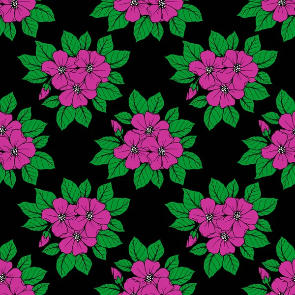 Seamless Pattern Large Magenta Flowers Black Background Texture Design — Stock Vector