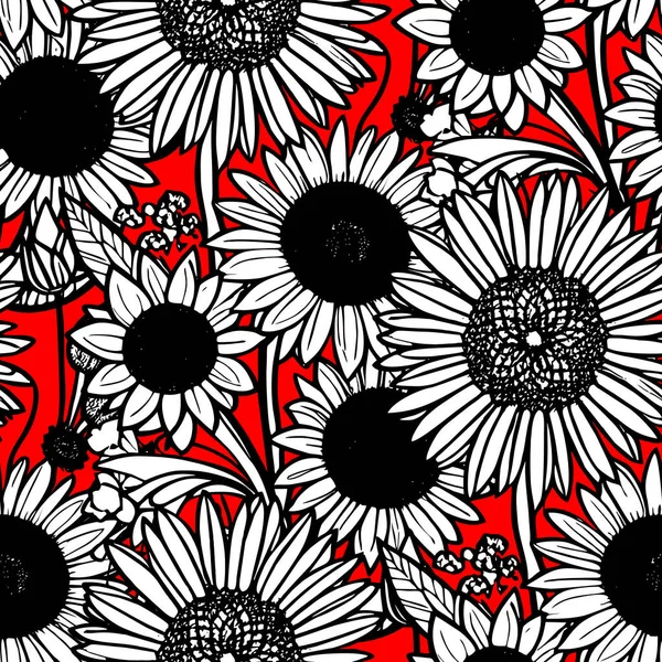 Бесшовный Рисунок Больших Чёрных Белых Цветов Красном Фоне Текстура Дизайн — стоковый вектор