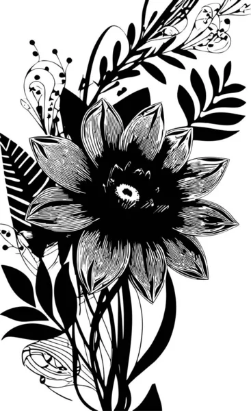 Schwarze Grafische Konturzeichnung Eines Blumenstraußes Auf Weißem Hintergrund Design — Stockvektor