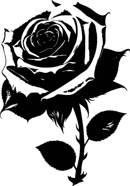 Черный Контурный Рисунок Розового Цветка Листьями Монохромная Графика Логотип — стоковый вектор
