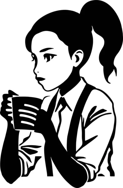 Schwarze Konturzeichnung Eines Kaffeetrinkenden Mädchens Monochrome Grafiken Logo — Stockvektor